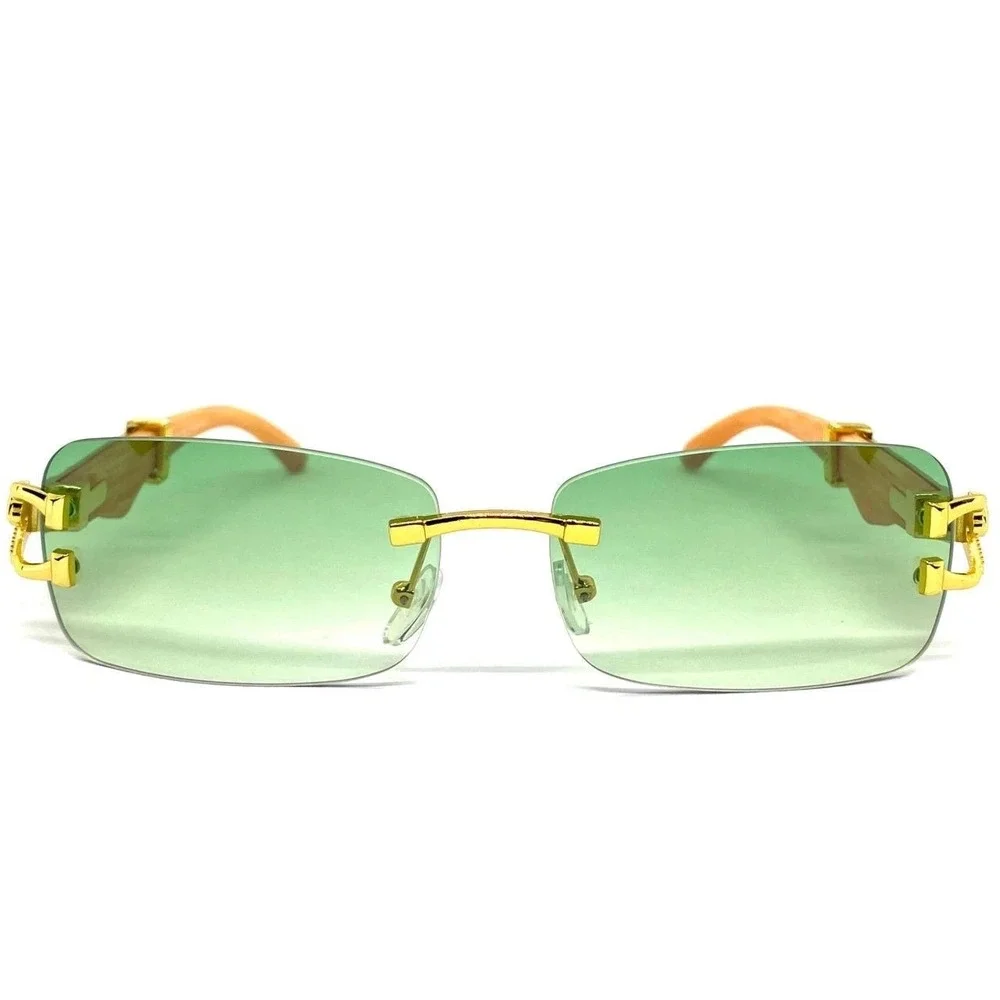 Classic Sleek Wooden Arms Frameless Sunshade Gear Men Sunglasses Green Lens 2026